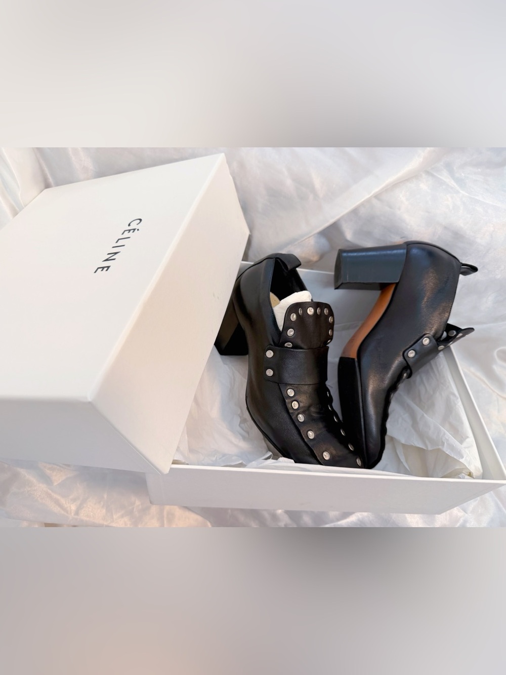 Celine Black Studded Leather Slip On Heel - Picture 2 of 8